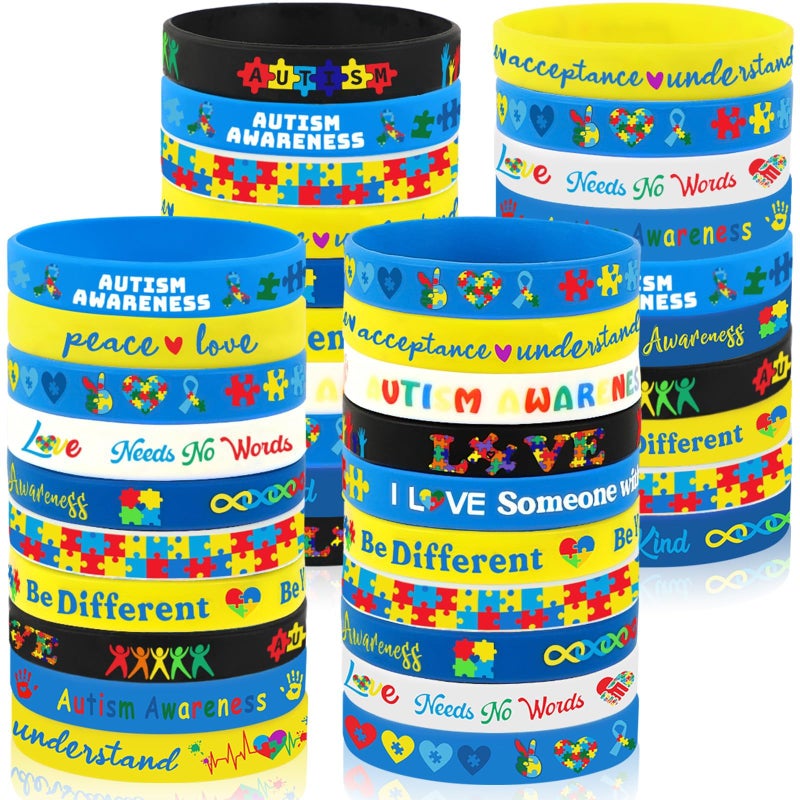 Junebrushs 120Pcs Autism Awareness Silicone Bracelets Puzzle Pieces Ribbons Pattern Inspirational Motivational Rubber Wristbands For Autism Awareness Birthday Decoration Kids Party Favor Gift Supplies - Image 1