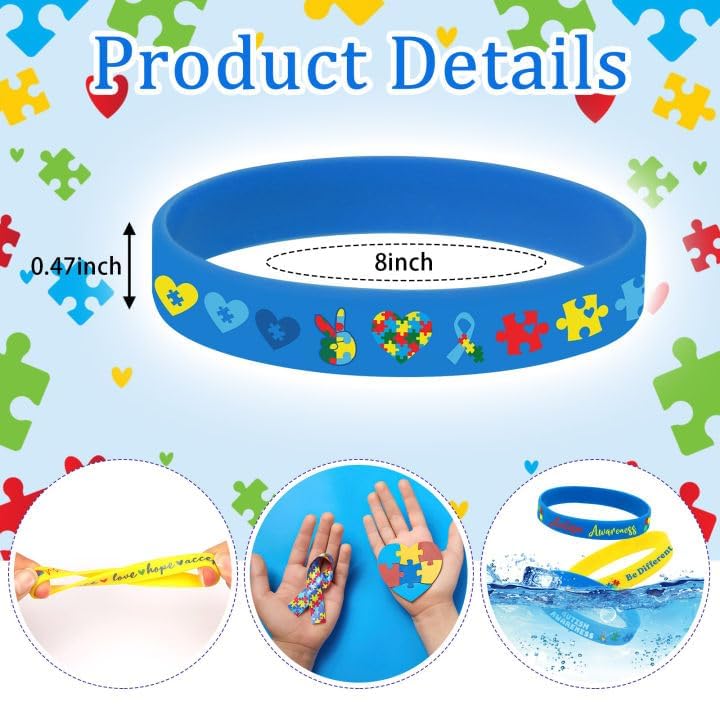 Junebrushs 120Pcs Autism Awareness Silicone Bracelets Puzzle Pieces Ribbons Pattern Inspirational Motivational Rubber Wristbands For Autism Awareness Birthday Decoration Kids Party Favor Gift Supplies - Image 2
