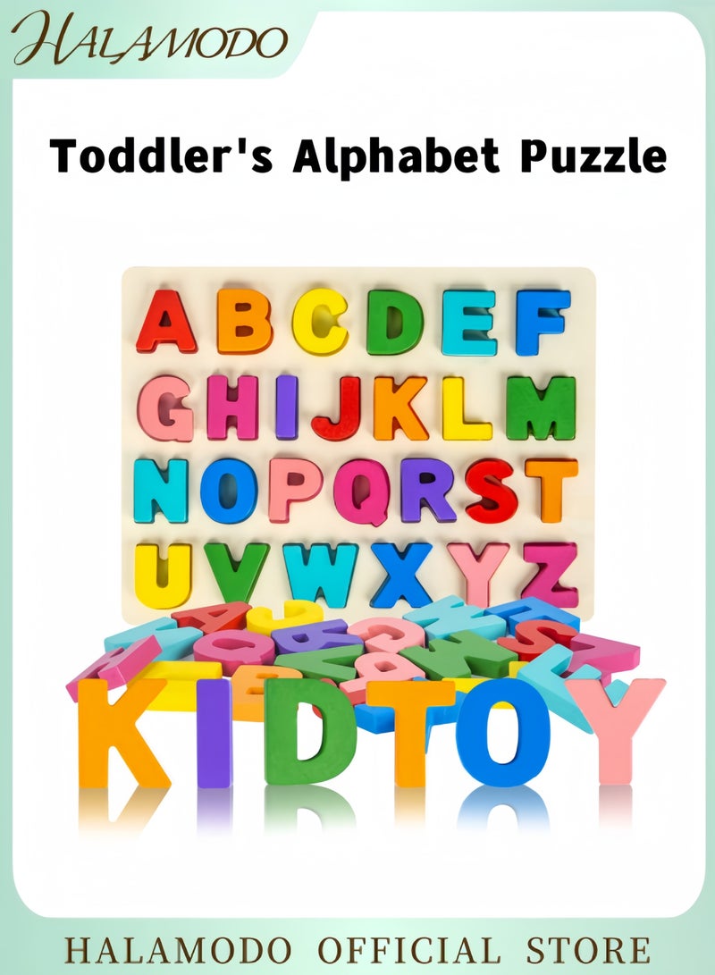 HALAMODO Toddler's Alphabet Puzzle Wooden Puzzles ABC Puzzle Shape Alphabet Learning Puzzles Toys with Puzzle Board & Letter Blocks Preschool Educational for Girls & Boys - Image 1