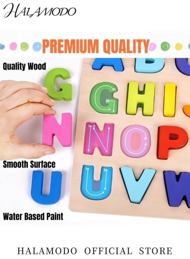 HALAMODO Toddler's Alphabet Puzzle Wooden Puzzles ABC Puzzle Shape Alphabet Learning Puzzles Toys with Puzzle Board & Letter Blocks Preschool Educational for Girls & Boys - Image 2
