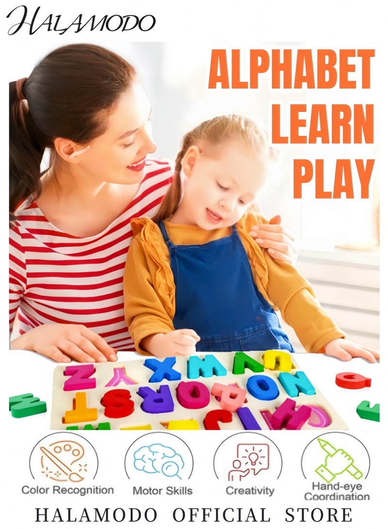 HALAMODO Toddler's Alphabet Puzzle Wooden Puzzles ABC Puzzle Shape Alphabet Learning Puzzles Toys with Puzzle Board & Letter Blocks Preschool Educational for Girls & Boys - Image 4