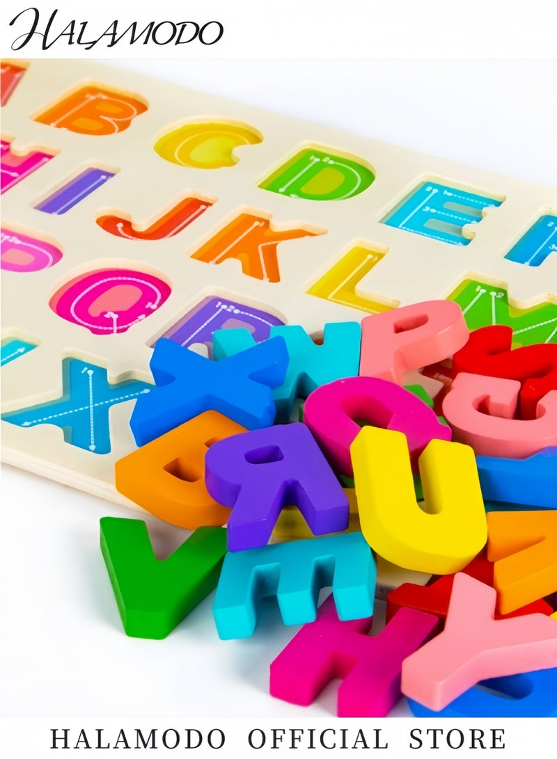 HALAMODO Toddler's Alphabet Puzzle Wooden Puzzles ABC Puzzle Shape Alphabet Learning Puzzles Toys with Puzzle Board & Letter Blocks Preschool Educational for Girls & Boys - Image 5