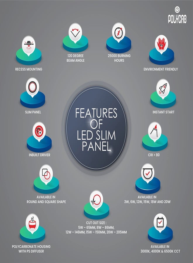 Polycab 3W LED Panel Light Scintillate Edge Slim Square Smart Offers Bright Lumination Long Lifespan No Harmful Radiation (Neutral White, 4000K, 1 PC, Cut Out: 2.55 inches) - Image 2