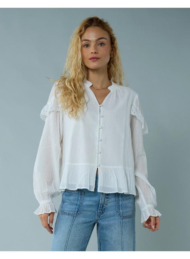 American Eagle AE Long-Sleeve Ruffle Peasant Blouse - Image 1