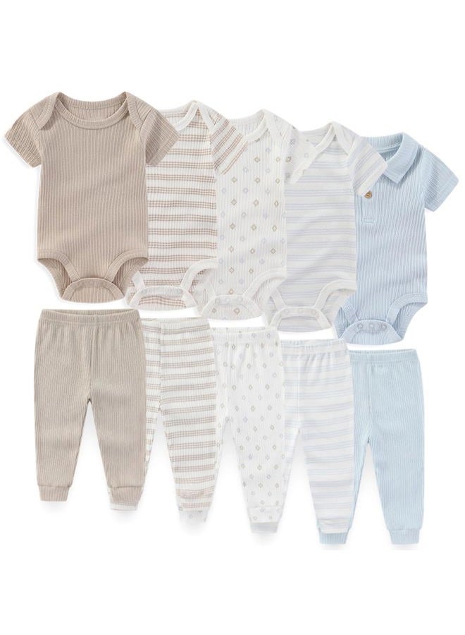 JELYLOVE Unisex Baby Boy Girl Bodysuits And Pants Sets 10 pack Cotton Casual New born Clothes Comfort Infant Outfit, Khaki, 0-3 Months - Image 1