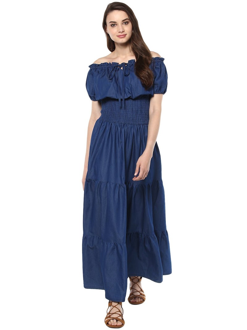 StyleStone (3212PeasantMaxiS Women's Denim Peasant Styled Maxi Dress - Image 5