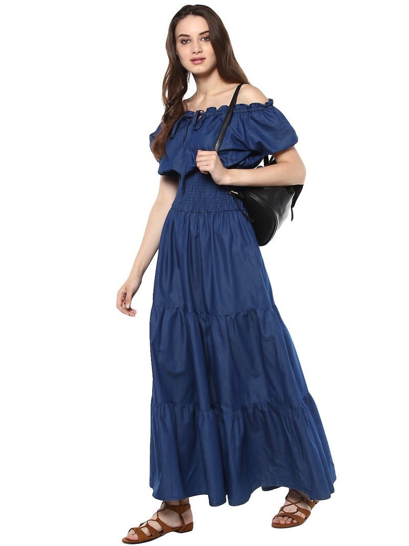 StyleStone (3212PeasantMaxiS Women's Denim Peasant Styled Maxi Dress - Image 2