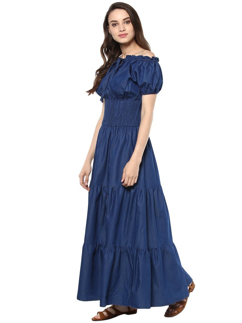 StyleStone (3212PeasantMaxiS Women's Denim Peasant Styled Maxi Dress - Image 4