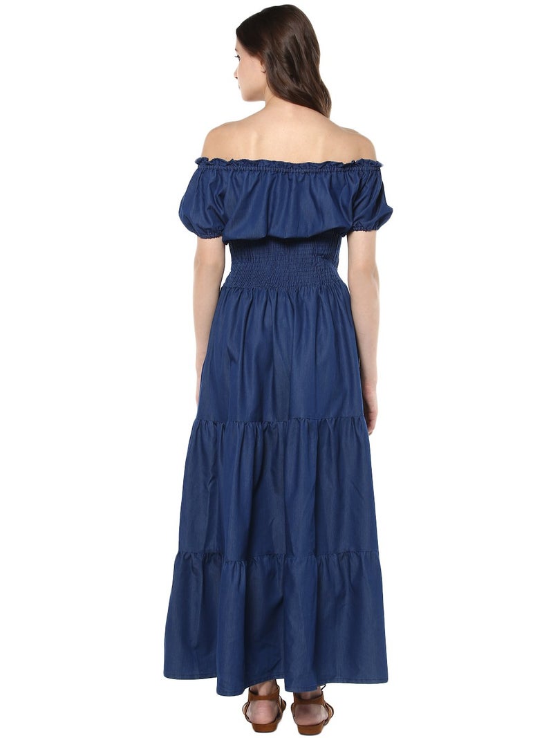 StyleStone (3212PeasantMaxiS Women's Denim Peasant Styled Maxi Dress - Image 3