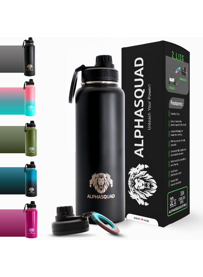 ALPHASQUAD 32Oz / 1000Ml Water Bottle with Magnetic Phone Holder, Stainless Steel Water Bottles Compatible with Phone Mount and Tripod for iPhone, Double Walled Insulated Tumbler for Gym, Sport (Black Metallic) - Image 1