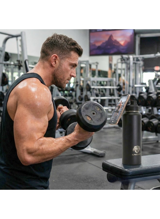 ALPHASQUAD 32Oz / 1000Ml Water Bottle with Magnetic Phone Holder, Stainless Steel Water Bottles Compatible with Phone Mount and Tripod for iPhone, Double Walled Insulated Tumbler for Gym, Sport (Black Metallic) - Image 4