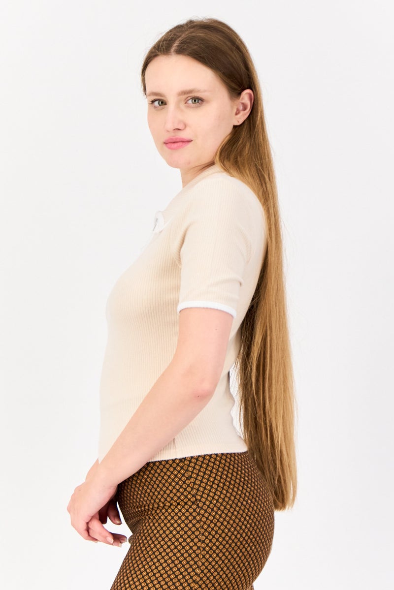 Area Stars Women Spread Collar Short Sleeves Ribbed Polo Shirt, Light Tan  - Image 2