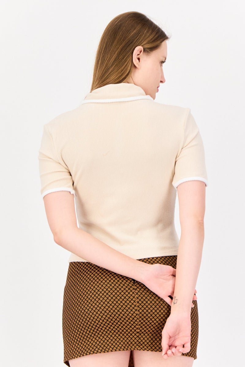 Area Stars Women Spread Collar Short Sleeves Ribbed Polo Shirt, Light Tan  - Image 3