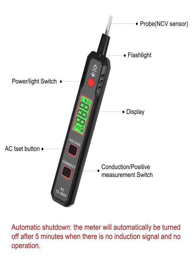 MAYILON LCD Display Electric Test Pen AC12-300V Voltage Tester Live/Zero Wire Detector Cable Breakpoint Finder with Flashlight and Sound Light Alarm Function - Image 3
