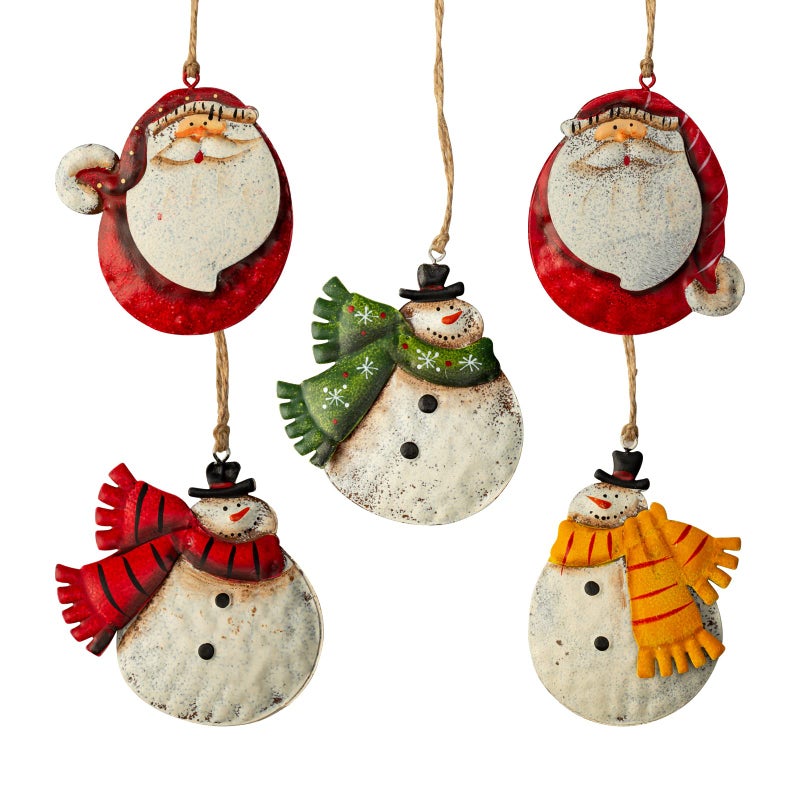 Crafjie 5 Pack Rustic Metal DoubleSided Christmas Tree Ornaments Tin Santa Snowman Decorations Hanging Pendants Ornaments Christmas Hanging Ornament Xmas Holiday Decor