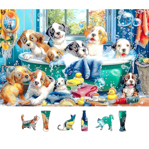MINIWAN Cute Puppies Bath Time 500 Piece Puzzle for Adults Funny Adorable Dogs in Bathtub Jigsaw Puzzle with Irregular Shaped Pieces Gift for Dog Lovers 23x15 Inches - Image 1