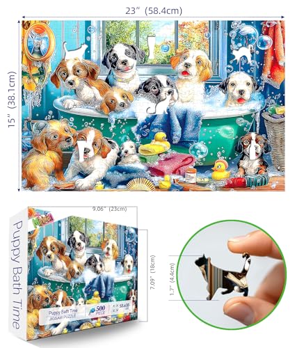 MINIWAN Cute Puppies Bath Time 500 Piece Puzzle for Adults Funny Adorable Dogs in Bathtub Jigsaw Puzzle with Irregular Shaped Pieces Gift for Dog Lovers 23x15 Inches - Image 5