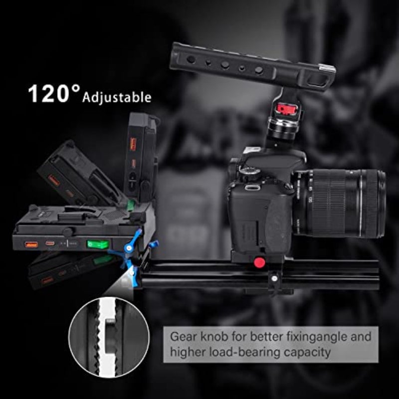 V-Mount V-Lock quick release battery plate for camera rigs, aluminum alloy, black, supports Type-C fast charging input and 15mm rod clamp integration - Image 3