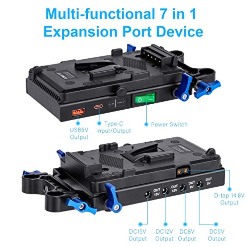 V-Mount V-Lock quick release battery plate for camera rigs, aluminum alloy, black, supports Type-C fast charging input and 15mm rod clamp integration - Image 2