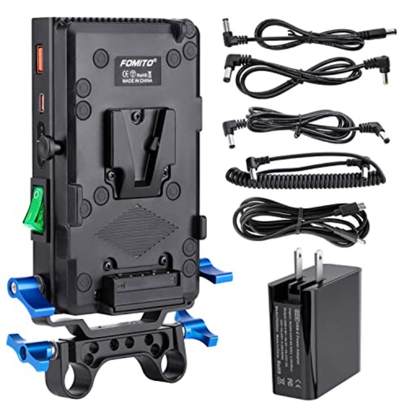 V-Mount V-Lock quick release battery plate for camera rigs, aluminum alloy, black, supports Type-C fast charging input and 15mm rod clamp integration - Image 1
