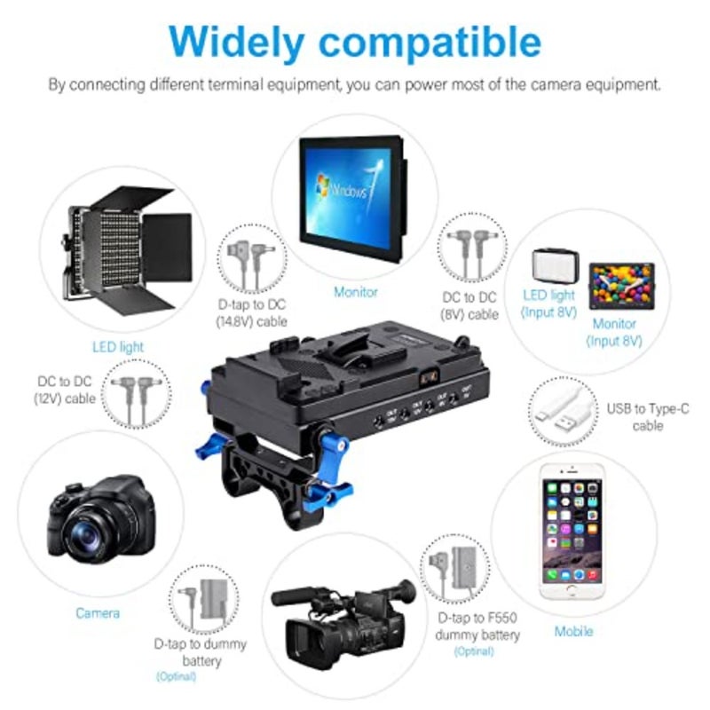 V-Mount V-Lock quick release battery plate for camera rigs, aluminum alloy, black, supports Type-C fast charging input and 15mm rod clamp integration - Image 4