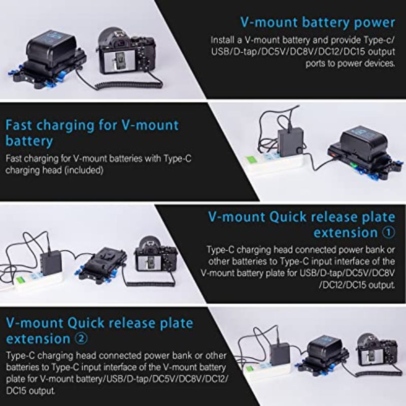 V-Mount V-Lock quick release battery plate for camera rigs, aluminum alloy, black, supports Type-C fast charging input and 15mm rod clamp integration - Image 5