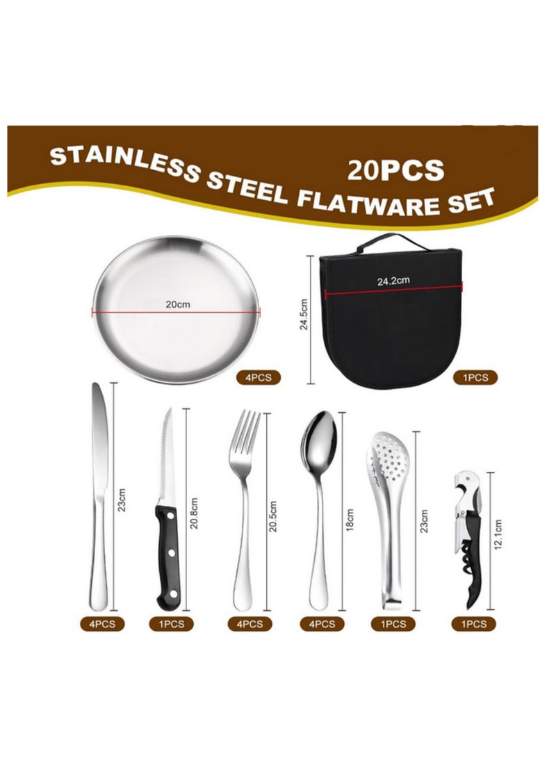 20Pcs Camping Utensil Set Travel Silverware Flatware with Organizer Case Reusable Stainless Steel Cutlery Kit for Picnic BBQ Outdoor Cooking Dining Tableware Spoon Fork Knife Plates - Image 3
