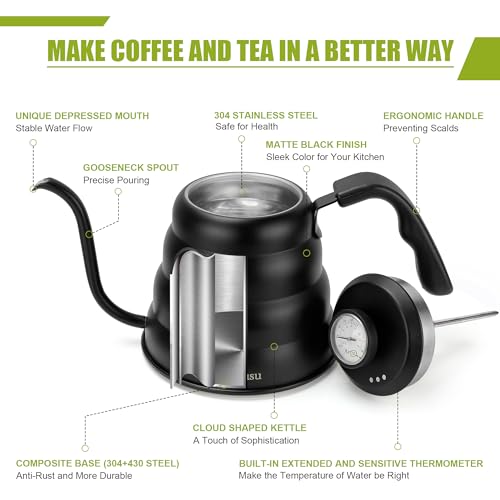 Apusu Tea Kettle with Thermometer Pot Black Stovetop Tea Kettle 40oz Gooseneck Kettle Teapot Pour Over Coffee Kettle with Thermometer,1200ml,6 Cup,Black,1Pack - Image 4