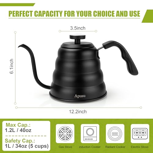 Apusu Tea Kettle with Thermometer Pot Black Stovetop Tea Kettle 40oz Gooseneck Kettle Teapot Pour Over Coffee Kettle with Thermometer,1200ml,6 Cup,Black,1Pack - Image 3