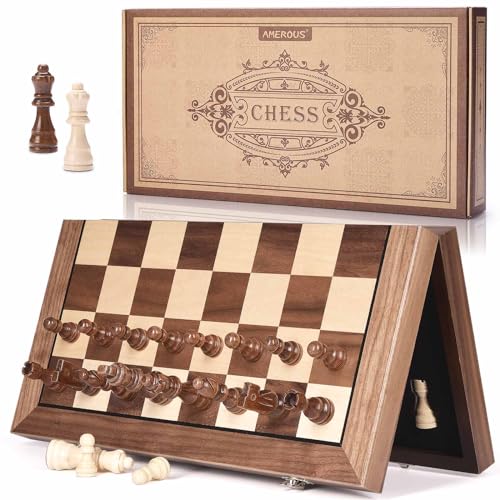 AMEROUS 15 Inches Magnetic Wooden Chess Set with 2 Extra QueensFolding BoardChess Pieces Storage SlotsInstructions Portable Travel Chess Game for BeginnerClassic Board Game - Image 1