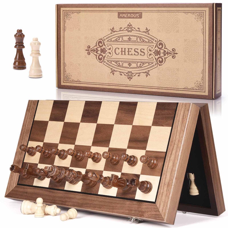AMEROUS 15 Inches Magnetic Wooden Chess Set with 2 Extra QueensFolding BoardChess Pieces Storage SlotsInstructions Portable Travel Chess Game for BeginnerClassic Board Game - Image 2