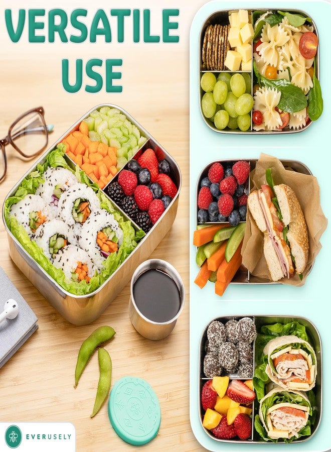 Everusely - Bento Box - Green, 47oz / 1.4 L - Stainless Steel Lunch Box with Leakproof Condiment Container - 3 Compartment Snack Organizer for On the Go Meals - Freezer & Dishwasher Safe - Image 5