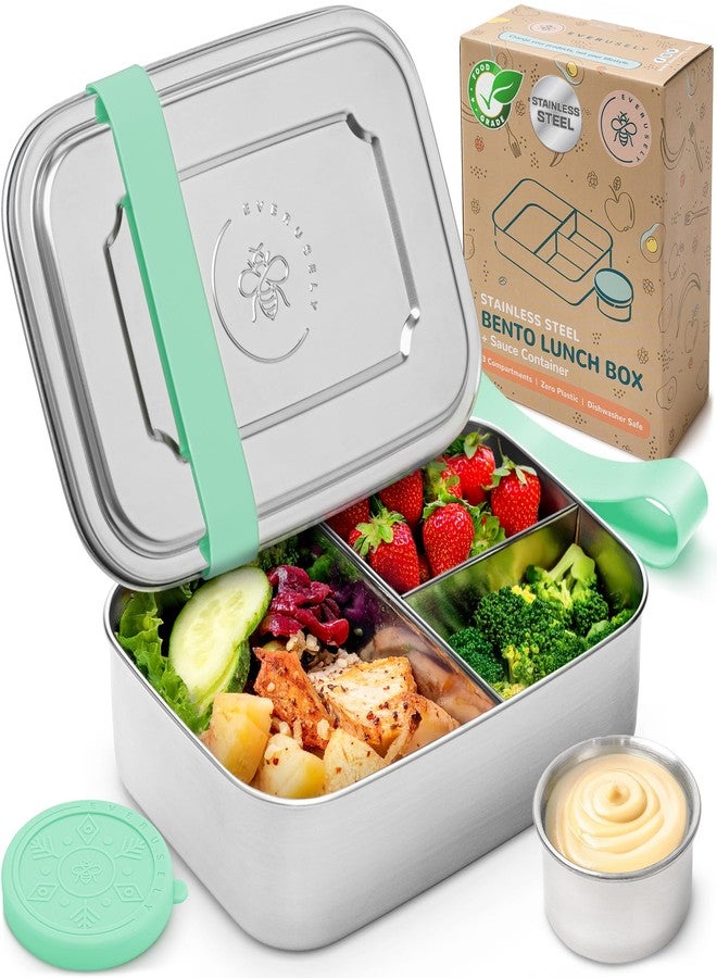 Everusely - Bento Box - Green, 47oz / 1.4 L - Stainless Steel Lunch Box with Leakproof Condiment Container - 3 Compartment Snack Organizer for On the Go Meals - Freezer & Dishwasher Safe - Image 1