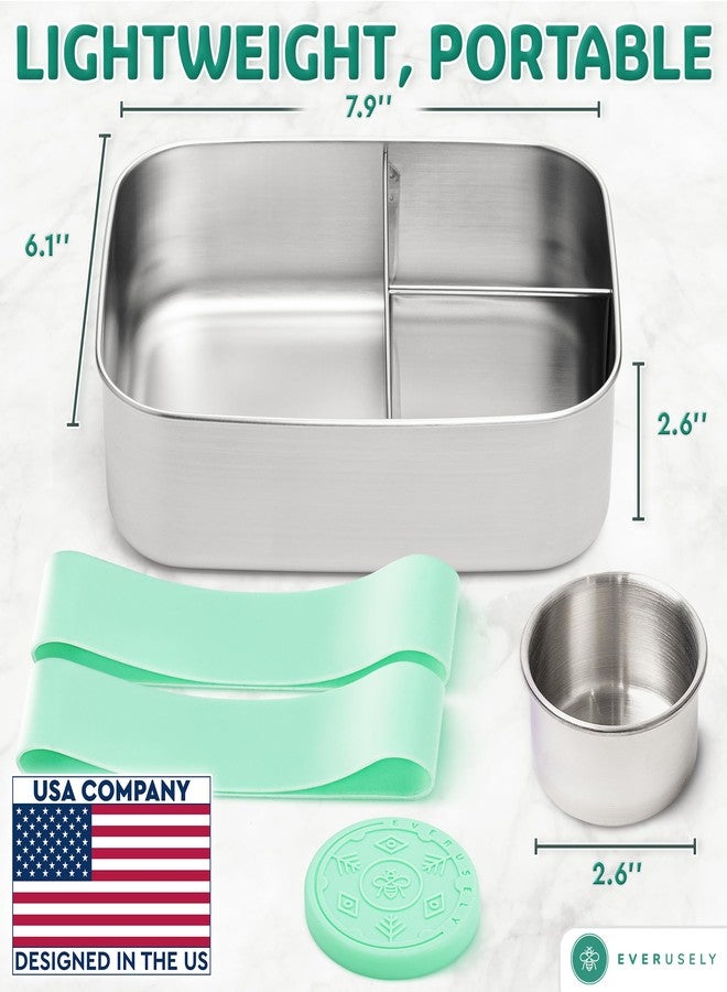Everusely - Bento Box - Green, 47oz / 1.4 L - Stainless Steel Lunch Box with Leakproof Condiment Container - 3 Compartment Snack Organizer for On the Go Meals - Freezer & Dishwasher Safe - Image 2