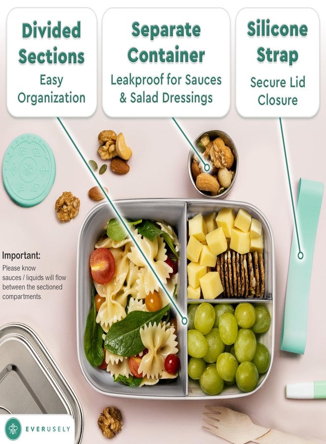 Everusely - Bento Box - Green, 47oz / 1.4 L - Stainless Steel Lunch Box with Leakproof Condiment Container - 3 Compartment Snack Organizer for On the Go Meals - Freezer & Dishwasher Safe - Image 4
