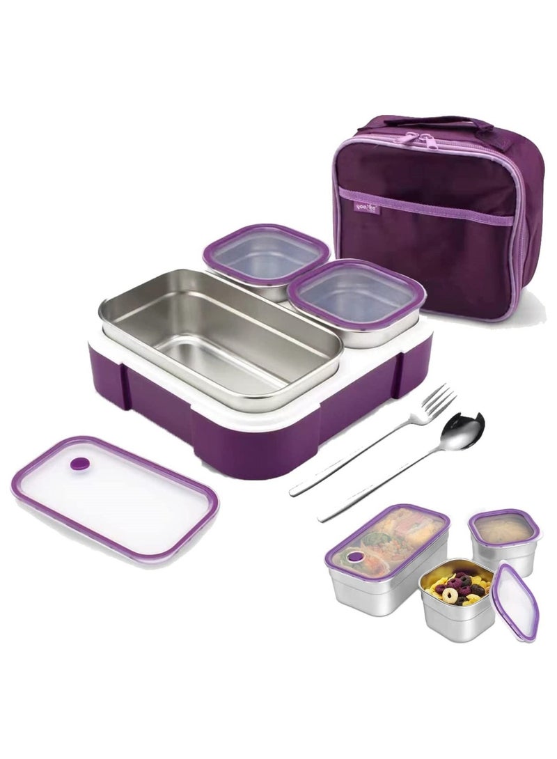 وصف:الفولاذ المقاوم للصدأ مربع الغداء لمدرسة الطفل,معزول بينتو مربع الغداء مع أدوات المائدة والحقيبة,720ml 3 مقصورات مقسمة حاويات الغداء,الأرجواني - Image 1