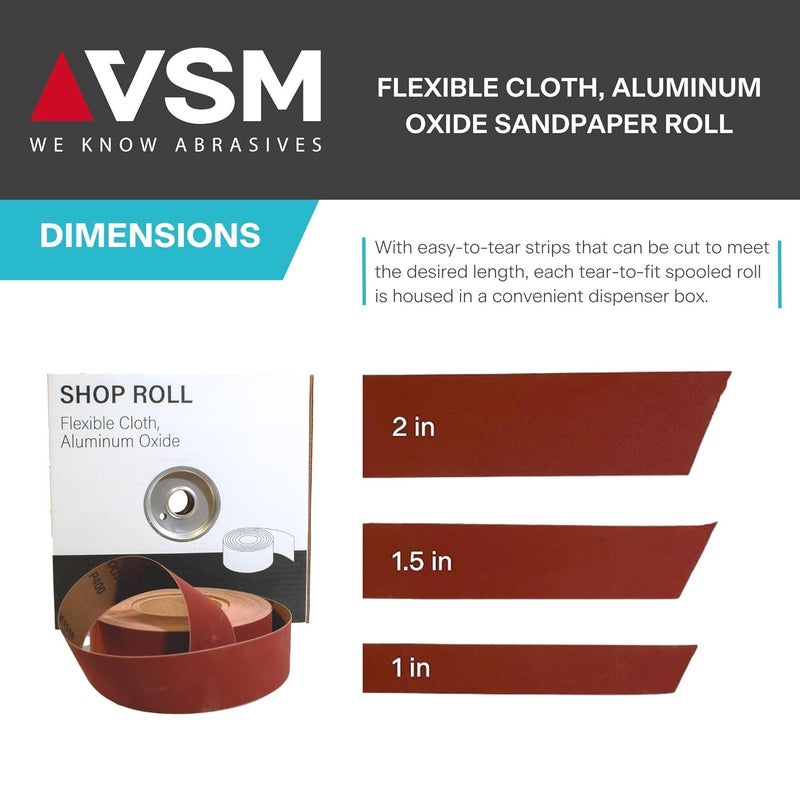 VSM 2" x 50yd (150'), 100 Grit (Medium) Aluminum Oxide Sanding Shop Roll, F-Weight Cotton Cloth Backed Sandpaper Roll for Hand Finishing, Woodworking, Metal Working, Polishing - Image 3