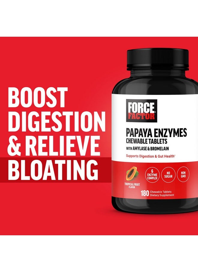 Force Factor - FORCE FACTOR Papaya Enzymes Complex, Digestion Supplement and Bloating Relief with Amylase and Bromelain, Support Healthy Digestion, Sugar Free, Non-GMO, Tropical Fruit Flavor, 180 Chewable Tablets - Image 1