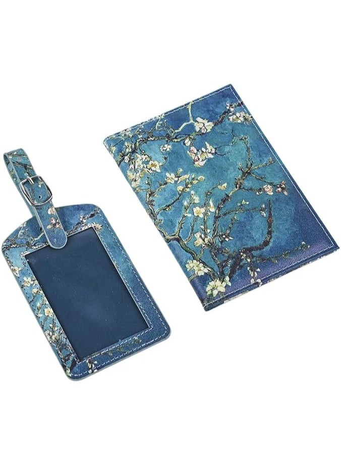 SHOWDAY Passport Holder & Luggage Tag Set, PU Leather Travel Passport Cover with Card Slots + ID Tag with Adjustable Strap, Lightweight Passport Wallet Organizer for Men (Blue Flowers) - Image 1