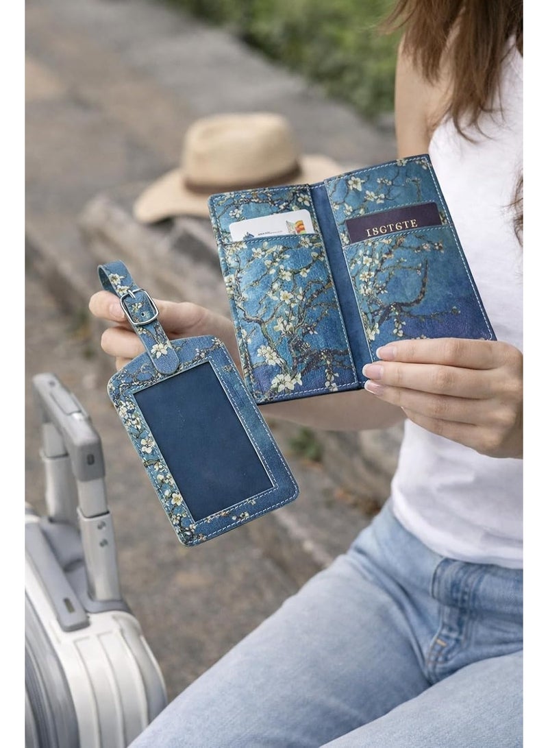 SHOWDAY Passport Holder & Luggage Tag Set, PU Leather Travel Passport Cover with Card Slots + ID Tag with Adjustable Strap, Lightweight Passport Wallet Organizer for Men (Blue Flowers) - Image 2