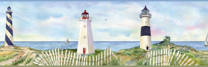 Chesapeake BBC46071B Eugene Light Coastal Lighthouse Portrait Wallpaper Border, Blue - Image 5
