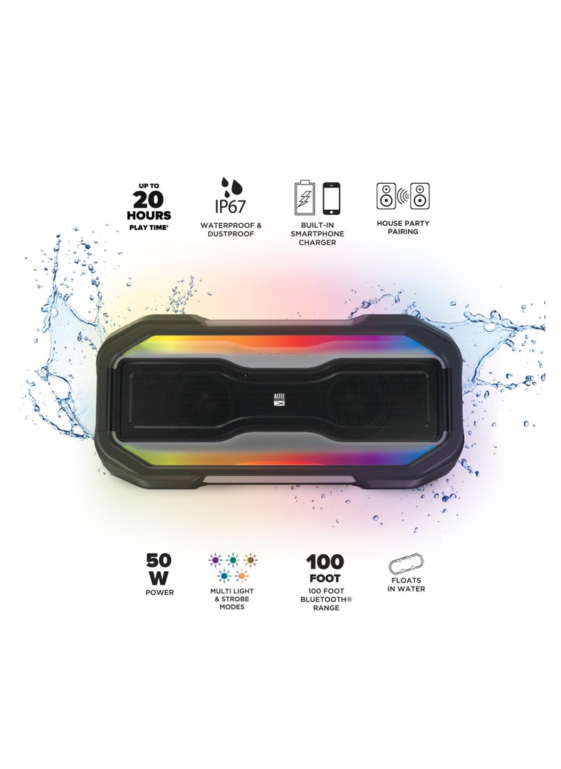 Altec Lansing - ROCKBOX XL Wireless Bluetooth Speaker, Portable Waterproof Speaker with 20 Hour Playtime and 5 Illuminating LED Light Modes, Floating Wireless Speaker for Indoors and Outdoors, Black - Image 1