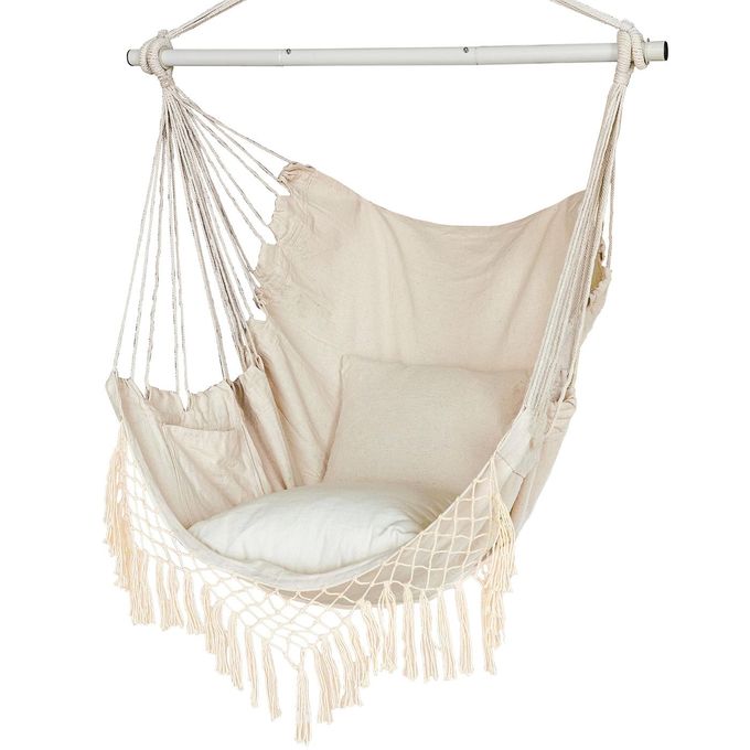Hammock Chair Hanging Rope Swing Seat with 2 CushionsMacrame Hanging Chair Side Pocket with High LoadBearing Metal Rodfor Indoor Outdoor Extra Comfortable