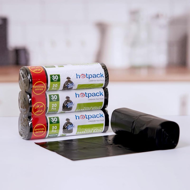 Hotpack, Strong & Bio-Degradable Heavy Duty Disposable Black Garbage Bag 30 Gallon, Medium 65x95cm, 20 Pieces X Pack of 3 Offer Pack - Image 2