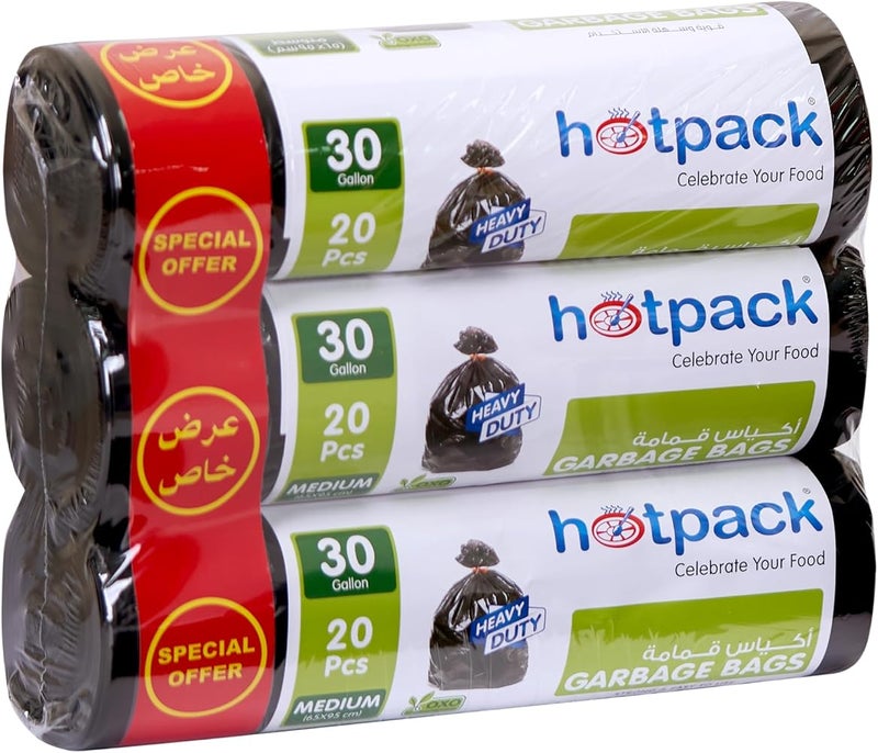 Hotpack, Strong & Bio-Degradable Heavy Duty Disposable Black Garbage Bag 30 Gallon, Medium 65x95cm, 20 Pieces X Pack of 3 Offer Pack - Image 1