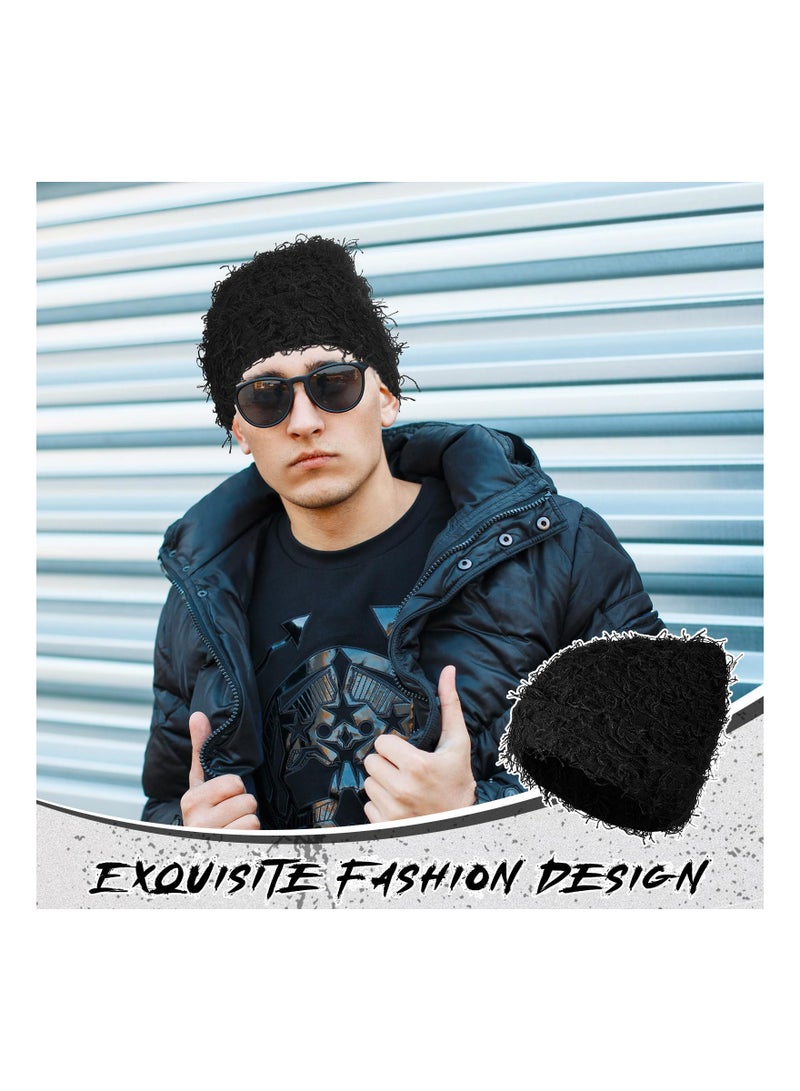 Unisex Distressed Balaclava Winter Warm Beanie, Fuzzy Snow Hats Thick Knit Cap, Winter Outdoor Cap for Men Women, Black - Image 5