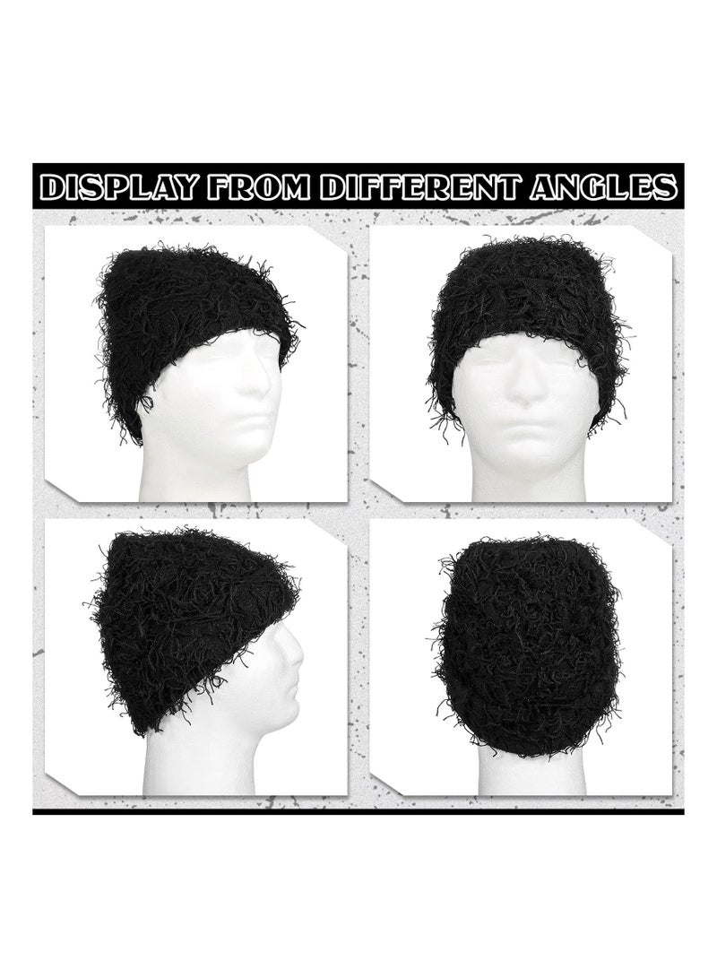 Unisex Distressed Balaclava Winter Warm Beanie, Fuzzy Snow Hats Thick Knit Cap, Winter Outdoor Cap for Men Women, Black - Image 4