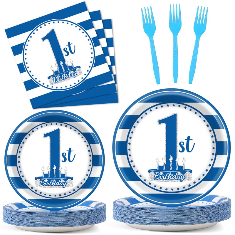 96Pcs Baby First Birthday Party Supplies Boy 1st Birthday Paper Plates Napkins Nautical Blue One Party Decorations Baby Show One Year Old Dinnerware Favor Tableware Serves 24
