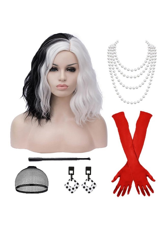 Mildiso Mildiso Cruella Deville Costume Women Girls Dalmatian Costume Cruella Deville Wig with Gloves Necklace Earrings Short Black and White Wig Curly Wavy Wig with Accessories M127BW  - Image 1
