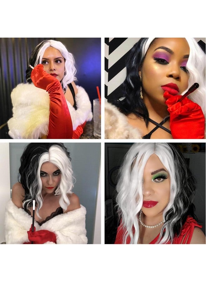 Mildiso Mildiso Cruella Deville Costume Women Girls Dalmatian Costume Cruella Deville Wig with Gloves Necklace Earrings Short Black and White Wig Curly Wavy Wig with Accessories M127BW  - Image 4